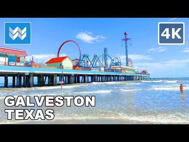 [4K] Galveston Beach in Galveston, Texas USA (South of Houston) Walking Tour & Travel Guide 