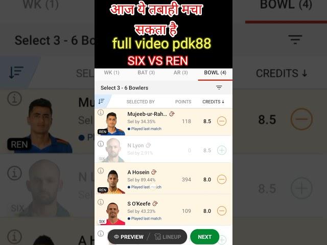 six vs ren dream11 | six vs ren dream11 team prediction | six vs ren dream11 today | six vs ren