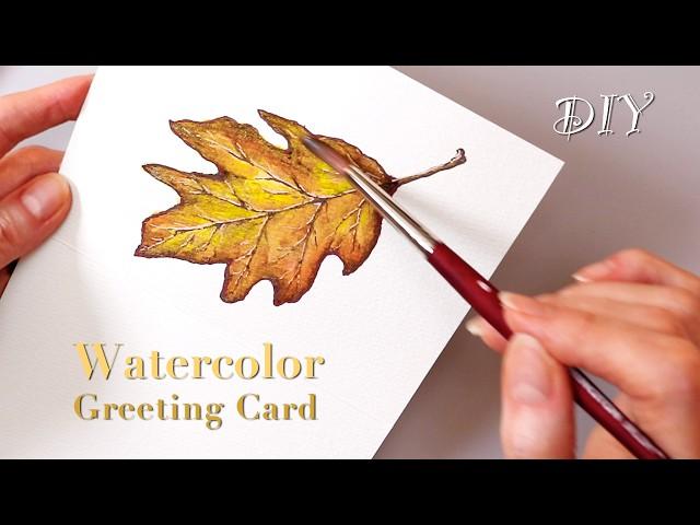 Autumn beauty DIY watercolor greeting card | Oak leaf