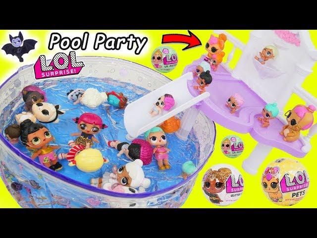 LOL Surprise Dolls Lil Sisters at Pool Slide with Pets