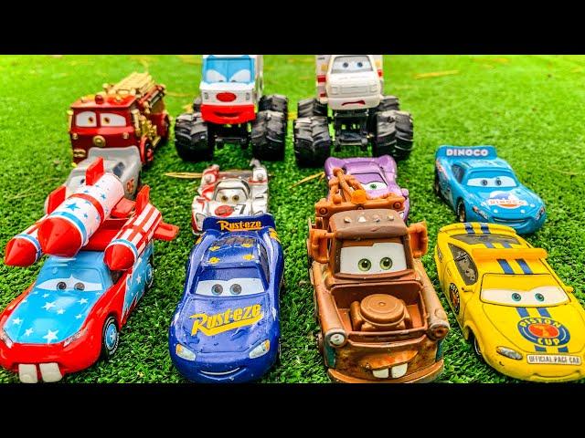 Disney Pixar Cars falling into deep pool, Lightning McQueen, Tow Mater, Mack, Sally, Francesco