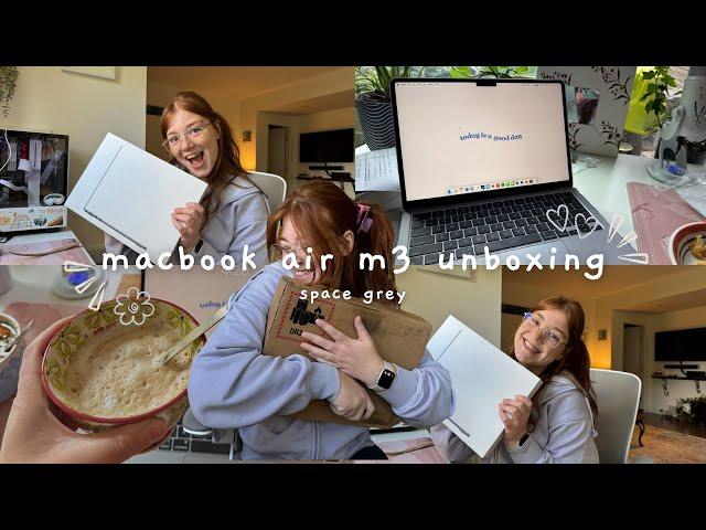 space grey macbook air m3 unboxing & set up ‍ | custom canva wallpapers and more