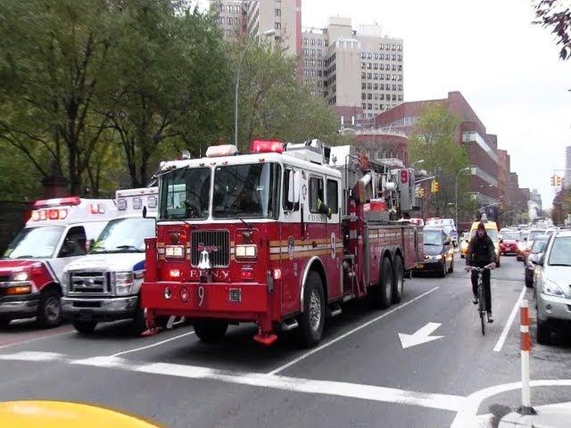 Ladder truck 43 + Engine 21 + Tower Ladder 9 + Battalion 8 + Engine 1 + 3 x NYPD + 3 x Ambulances