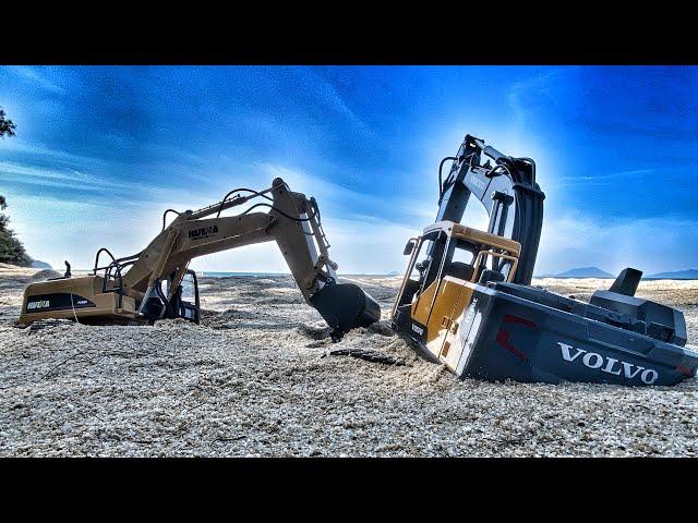 Story Line : RC Excavator Volvo & Huina 1550 Stuck On Beach (Rescue)