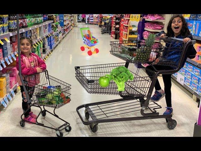 Kids Pretend play Shopping for healthy food and Toys! funny video 2