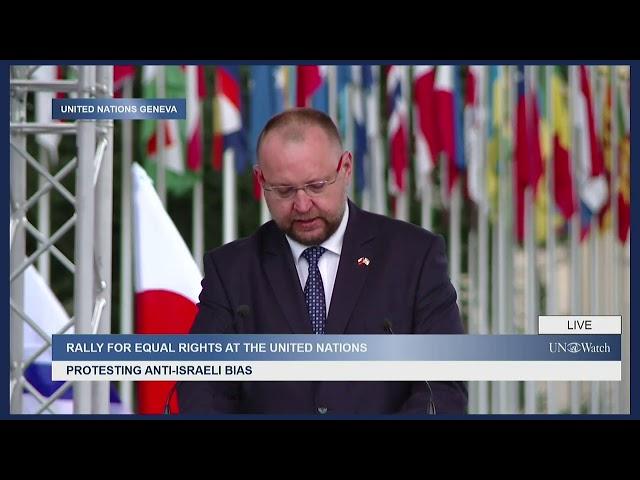 Czech MP Jan Bartošek Speaks at UN Watch Rally Against Anti-Israeli Bias