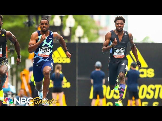 Isiah Young smokes Noah Lyles in 100m at 2021 Adidas Boost Boston Games | NBC Sports