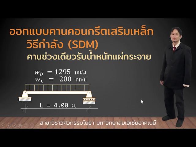 RC Design(SDM):ตัวอย่างการออกแบบคาน คสล. ช่วงเดียวรับน้ำหนักบรรทุกแผ่กระจาย วิธีกำลัง