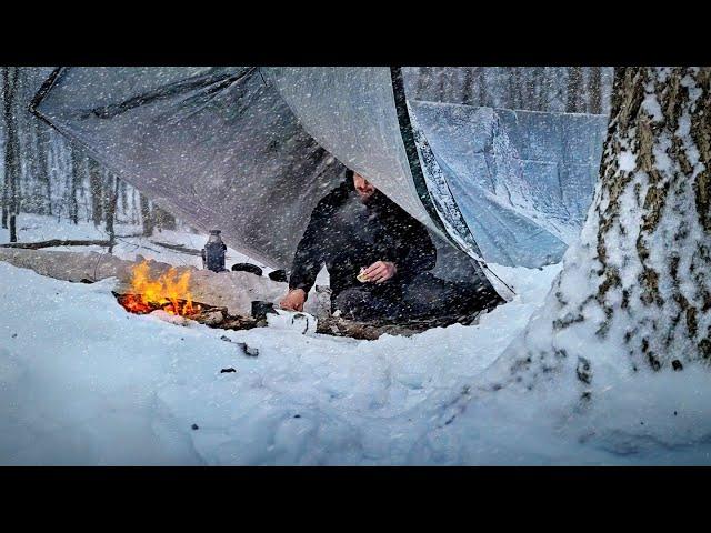 SNOW STORM Camping Overnight In a Tarp Shelter on a Mountain - Appalachians