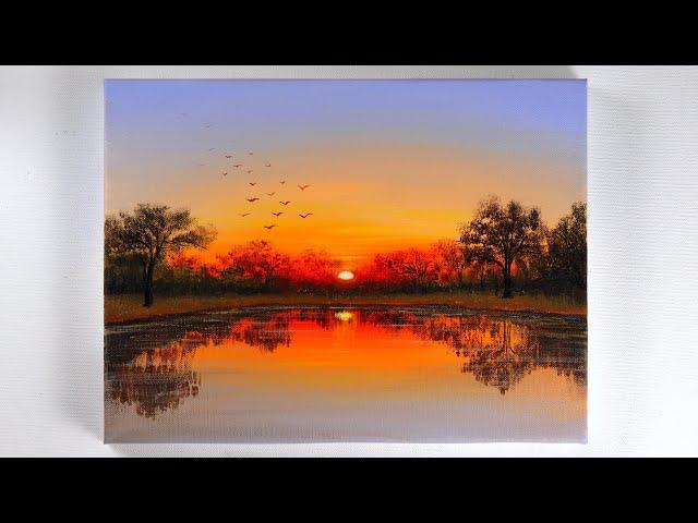 Sunset Painting | Sunset Landscape Painting | Sunset on the Lake Acrylic Painting