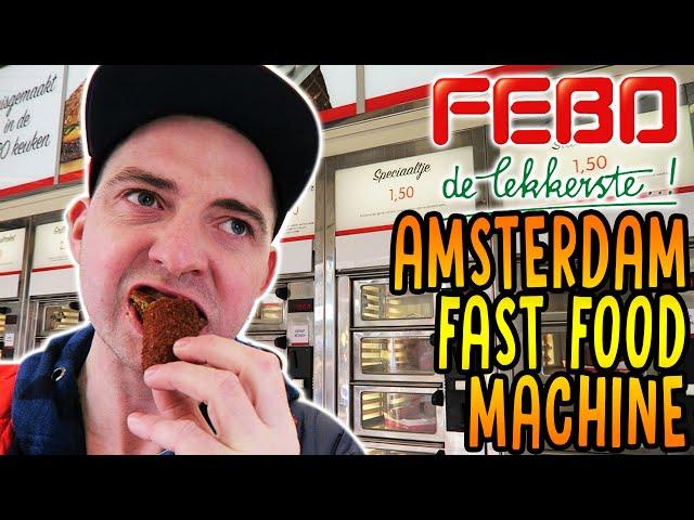 FEBO Amsterdam fast food machine review, dutch battered snack taste test Netherlands