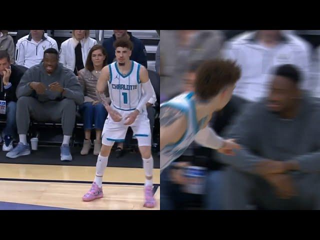 LaMelo Ball hits 3 and points at Thanasis for talking trash while courtside 