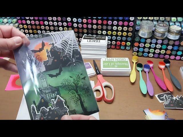 Easy inked night background and HSN Anna Griffin Halloween rub on transfers, let's make a dome card