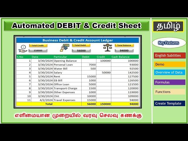 Fully Automated DEBIT and CREDIT Sheet - End to End videos in Tamil