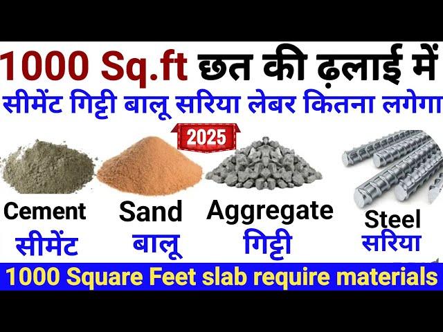 1000 square feet slab | 1000 स्क्वायरफीट छत की ढलाई में सीमेंट बालू गिट्टी सरिया कितना लगेगा?