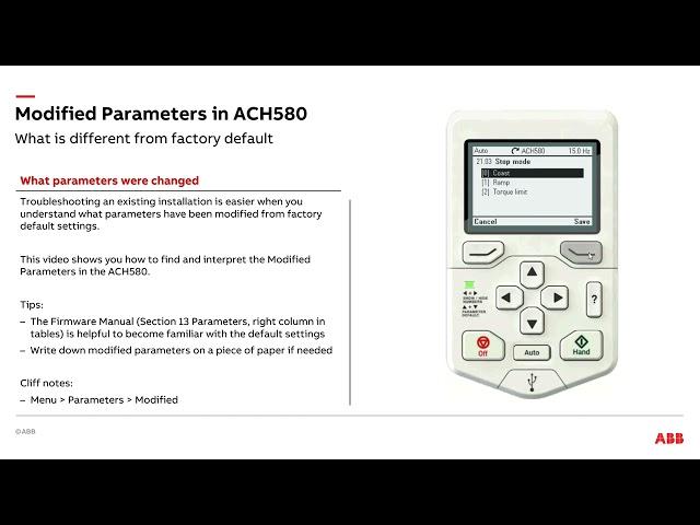 Modified parameters in ACH580