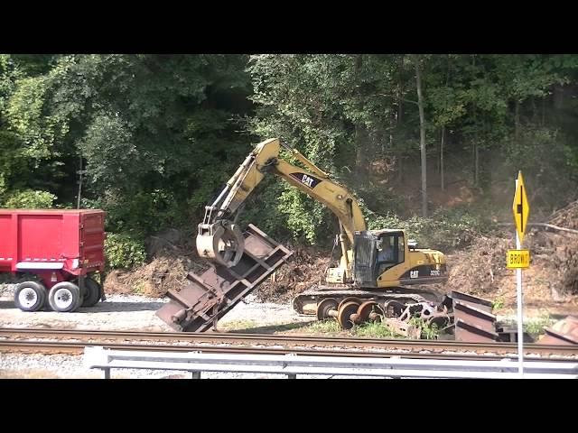 NS MOW Crew & CAT Claw Tractor Loading Train Car Into Semi @ Austell,Ga 10-02-2013© HD