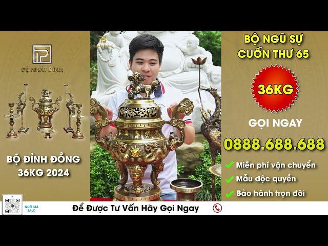 Bộ đỉnh đồng ngũ sự 36kg tặng ống hương màu cổ