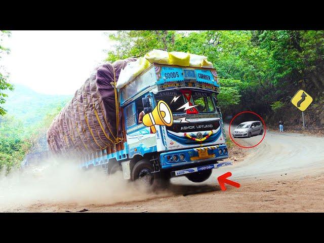 Heavy Loaded Lorry at Full Speed Honking at Crazy Car Driver - Truck Driver Applies Sudden Breaks