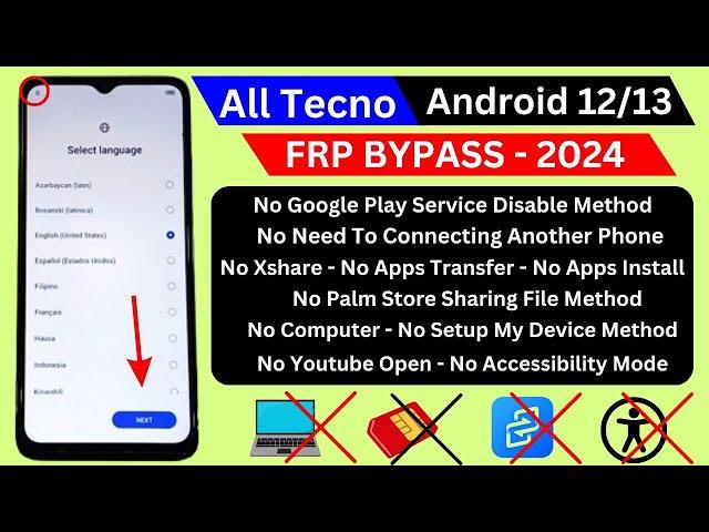 Tecno Android 12/13 Frp Bypass | Setting Apps Not Working 2024 | All Tecno Frp Unlock Without PC