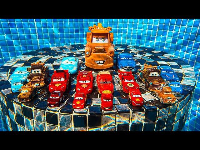 Disney Pixar Cars falling into deep pool, Lightning McQueen, Tow Mater, Mack, Sally, Francesco