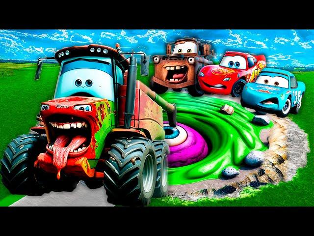 ZOMBIE PIT Transform In Big & Small Long Bus Lightning McQueen vs Police Truck Rescue Cars | BeamNG