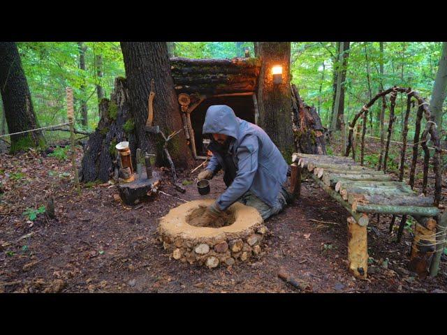 Bushcraft SURVIVAL Shelter; Building  Warm Natural Dugout and Fireplace. Tree House. Camping Part 2