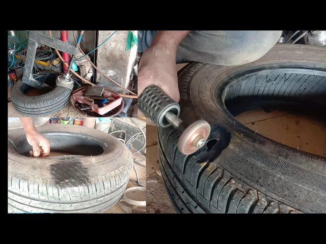 Tubeless tyre cut repair vulcanizing // Tyre puncture repair