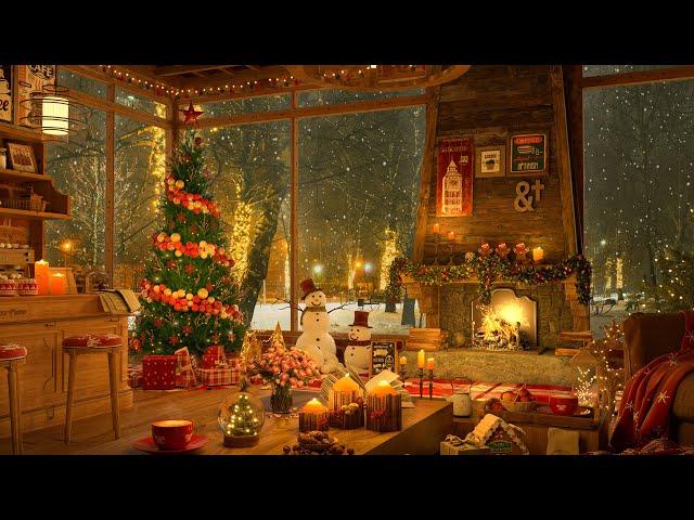 4K Snow Night on Window at Christmas Coffee Shop Ambience  Relaxing Jazz Music to Relax/Study to