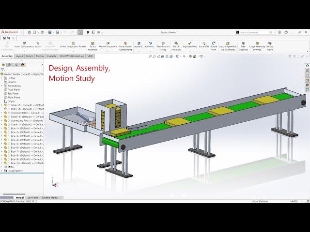 Product feeder on conveyor line design assembly and motion study in solidworks