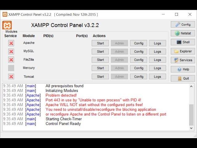 Port 443 in use by "Unable to open process" with PID 4! in Apache