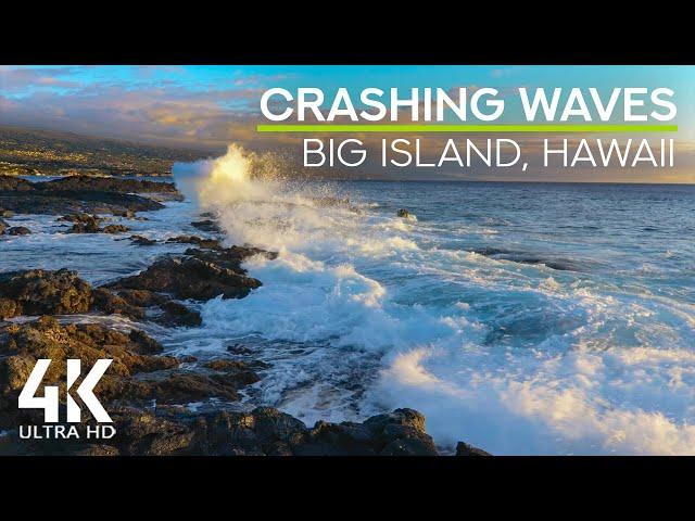 8 HRS Relaxing Sound of Ocean Waves Crashing on Rocks - 4K Big Waves at Sunset, Island of Hawaii