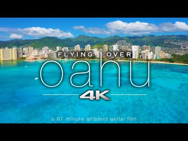 FLYING OVER OAHU [4K] Hawaii Ambient Aerial Film + Music for Stress Relief - Honolulu to North Shore