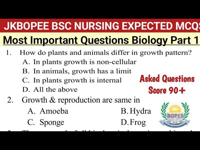 Jkbopee Bsc Nursing Expected Questions Biology Part 1 Score 90+ Now |Skuast Exam Important Mcqs 2024