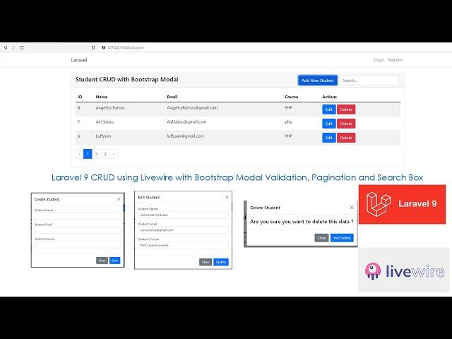 Laravel 9 CRUD using Livewire with Bootstrap Modal Validation, Pagination and Search Box