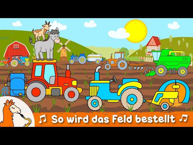 Traktor Lied für Kinder | 7 Traktoren im Einsatz | Kindervideo mit Pflug Güllewagen Mähdrescher u.a.