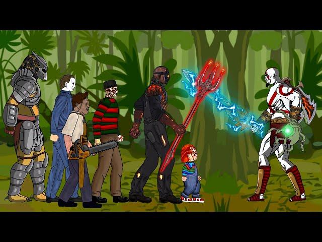 God of War Kratos vs Jason Voorhees, Michael Myers, Leatherface, Freddy Krueger, Chucky, Predator.