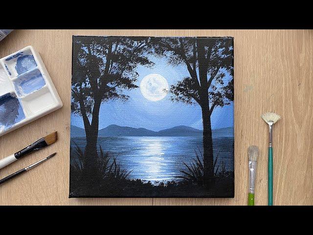 Moonlight Scenery Painting Tutorial | Acrylic Painting For Beginners Step by Step | Moon Painting