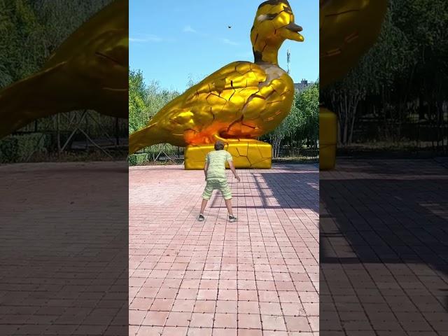 Playing football to unlock the golden statue of the big duck in the park