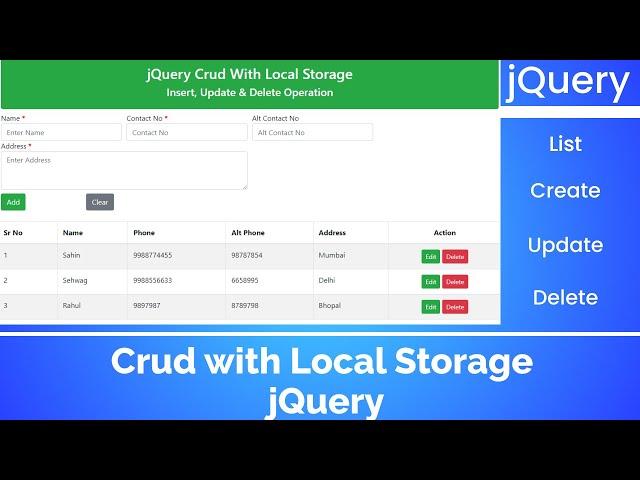 Crud with Local Storage jQuery  | jQuery tutorial | jQuery tutorial for beginners