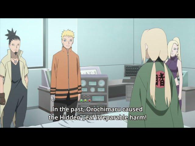 Konohamaru finds out that Orochimaru is Mitsuki's father and Tsunade gets angry