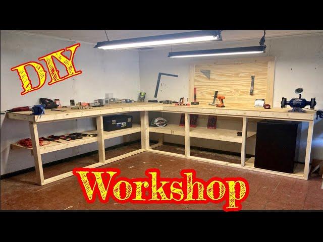 Workbench Build!!! How to build a corner workbench with a tool wall garage DIY