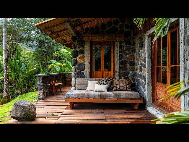 Harmonizing Rustic Bench & Modern Rustic Wooden Stone Cabin with Balcony & Tropical Garden Landscape