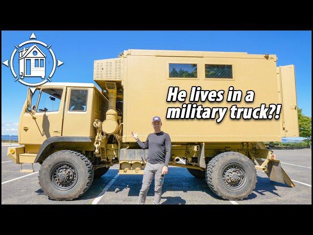 Army truck turned Tiny Home w/ bathroom, elevator bed & more