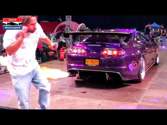 Modified Cars & Supercars Revving at Car Show - RX7, R8 V10 Turbo, Supra, E46 Turbo, Aventador,...