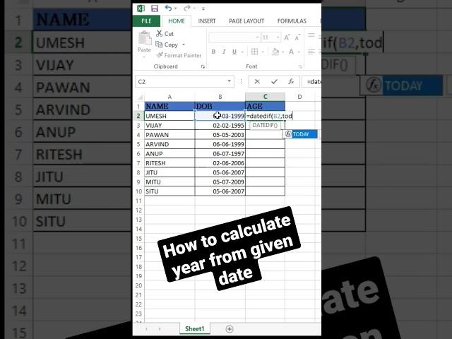 How to calculate age from DOB/ #excel #exceltips #exceltutorial #exceltips #shorts #techmicrosoft