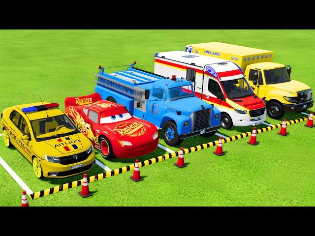 TRANSPORTING POLICE CARS, AMBULANCE and FIRE DEPARTMENT VEHICLES WITH TRUCKS ! Farming Simulator 22