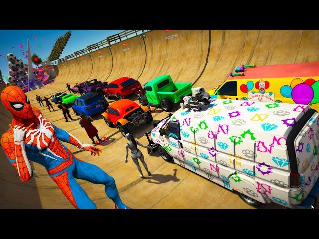 Spiderman and Friends on Cars GTA 5 Mods Crazy Stunt Challenge - Explosions, Jumping, Ragdolls