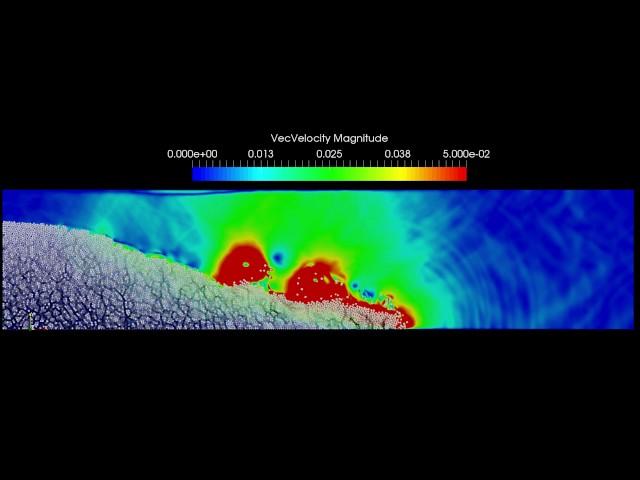LBM-DEM collapse of a granular column aspect ratio 0.8 (low permeability)