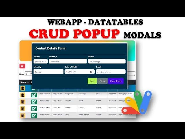 Google Apps Script - webApp CRUD with Popup Modals in DataTables